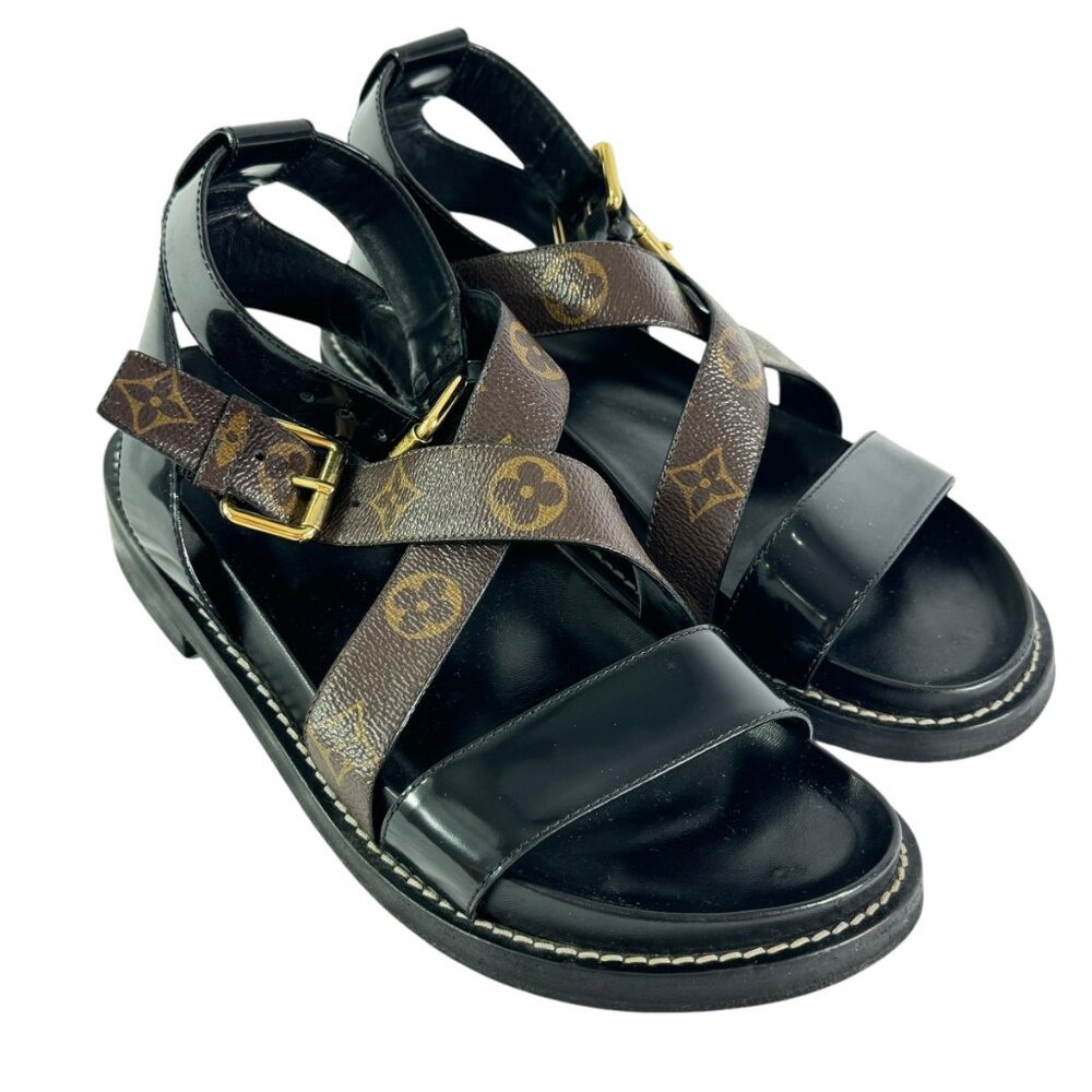 Louis Vuitton Black & Brown Monogram Crisscross Leather Sandals - Picture 4 of 11